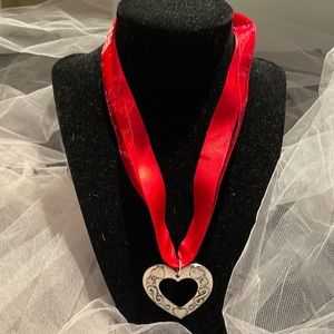 Valentine ready silver toned heart on double red ribbon, ❤️